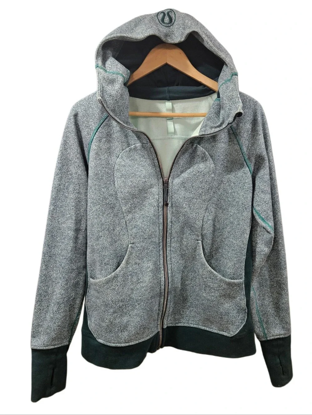 Lululemon Scuba Hoodie Full Zip Heathered Green Gray Thumbholes Size 10